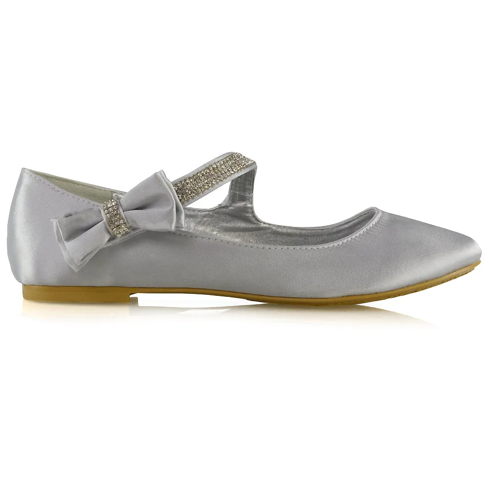 Poppy-Faye Embellished Bow Detail Diamante Strap Wedding Pumps Flat Bridal Shoes in Silver Satin