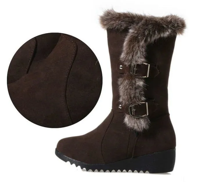 Premium Fashion Women Winter Fur Lined Mid-Calf Wedge Snow Boots 2024