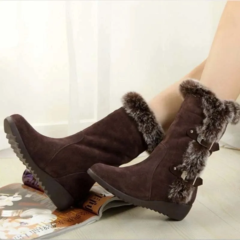 Premium Fashion Women Winter Fur Lined Mid-Calf Wedge Snow Boots 2024