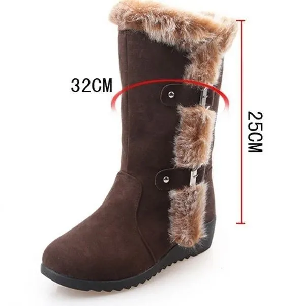 Premium Fashion Women Winter Fur Lined Mid-Calf Wedge Snow Boots 2024