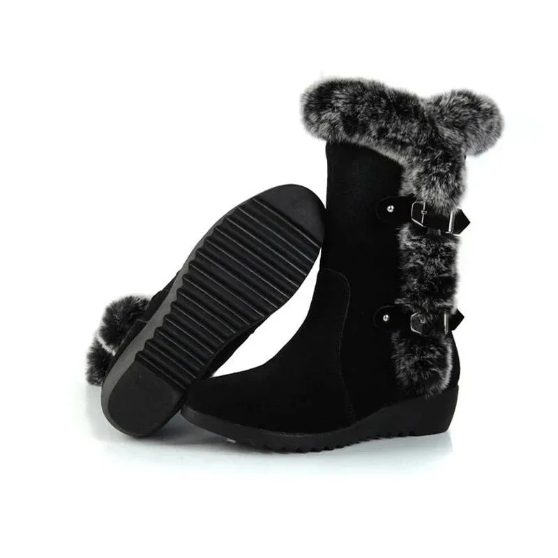 Premium Fashion Women Winter Fur Lined Mid-Calf Wedge Snow Boots 2024