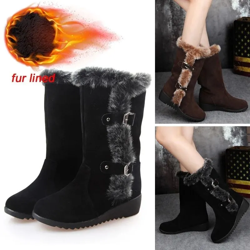 Premium Fashion Women Winter Fur Lined Mid-Calf Wedge Snow Boots 2024