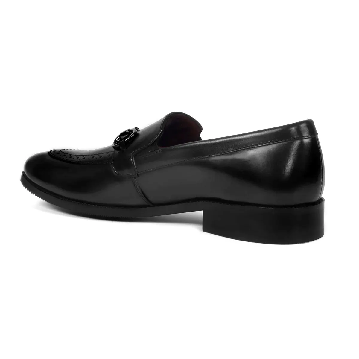 Punching Brogue Men's Loafers with Horse-bit Buckle Black Leather