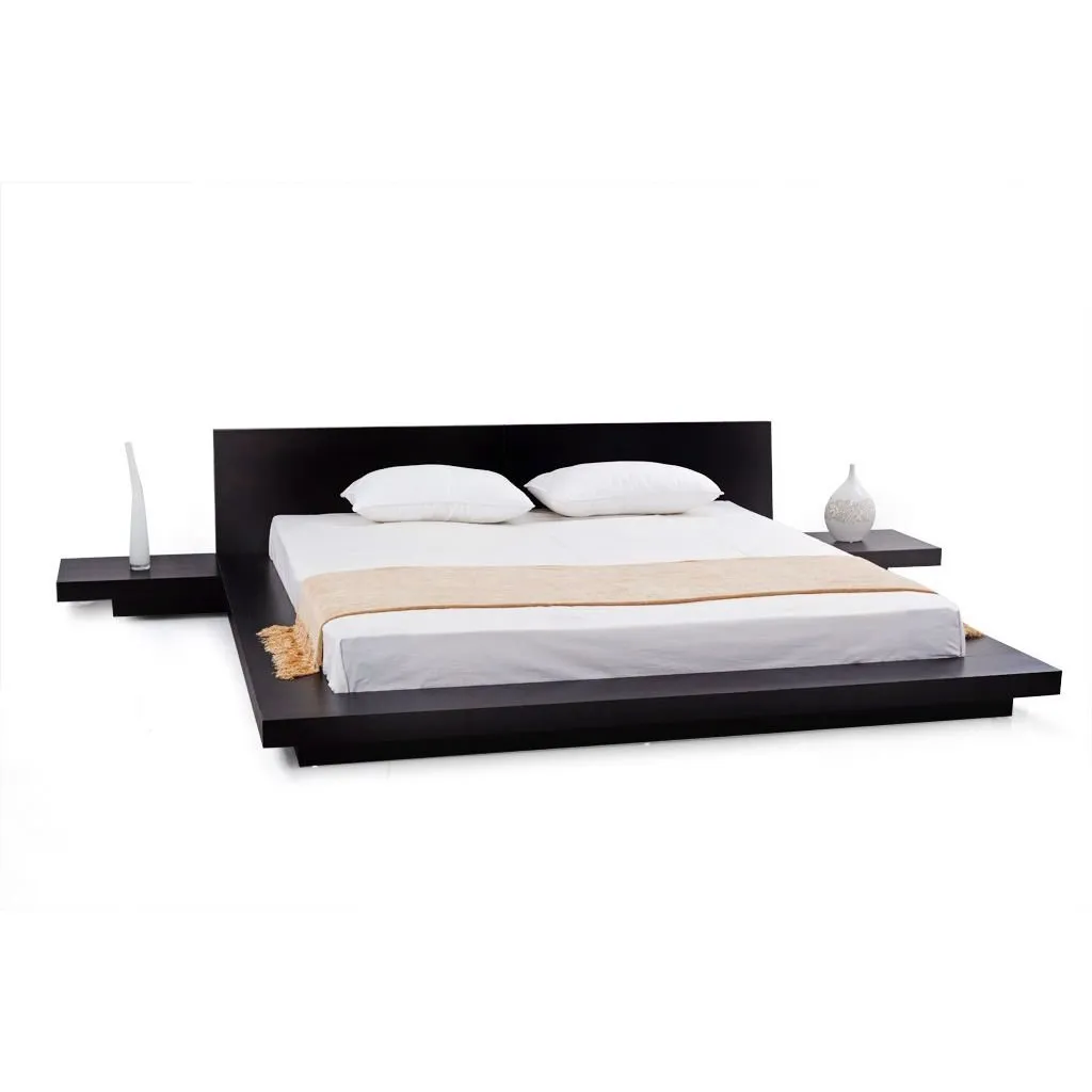 Queen Modern Platform Bed w- Headboard and 2 Nightstands in Espresso