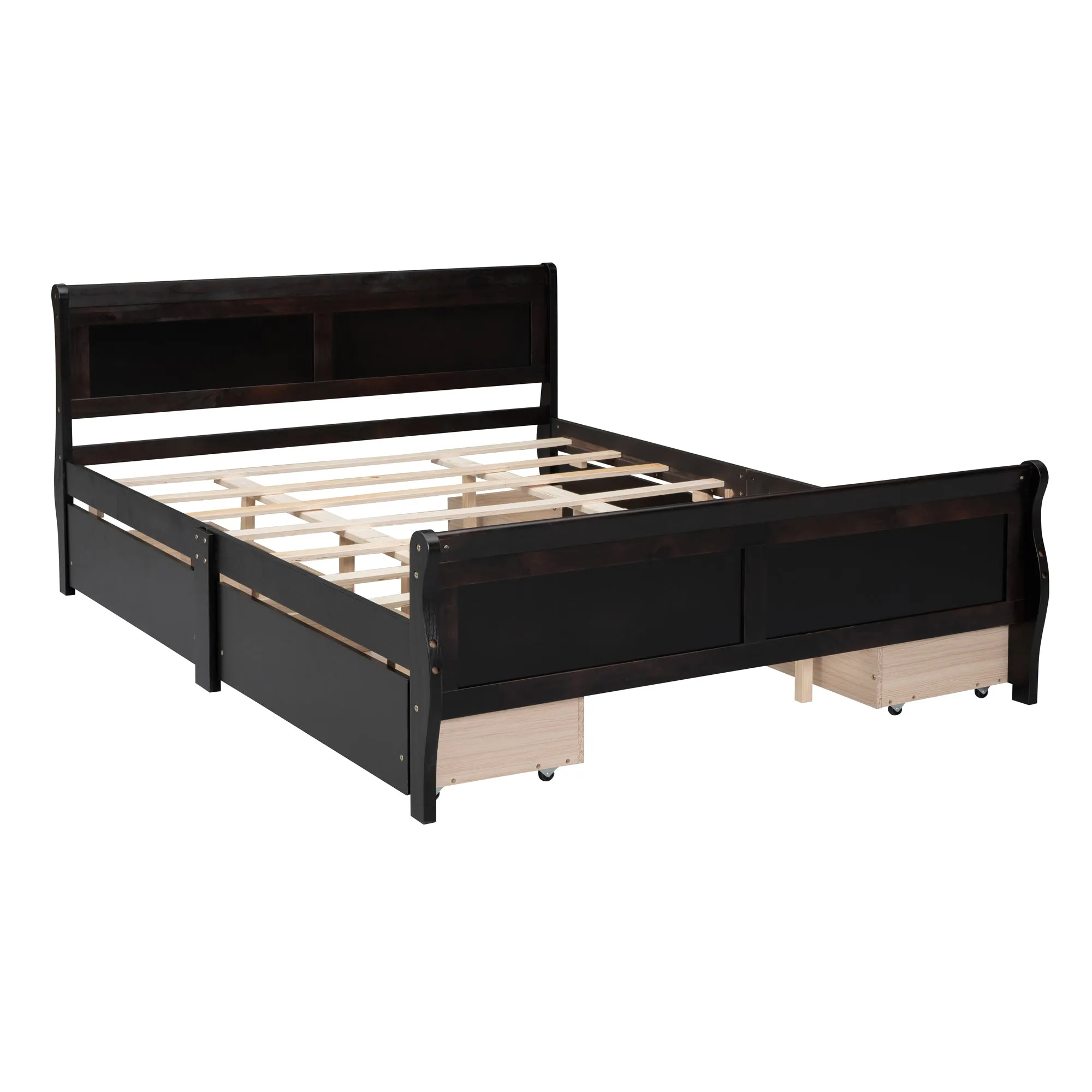 Queen Size Wood Platform Bed with 4 Drawers and Streamlined Headboard & Footboard, Espresso