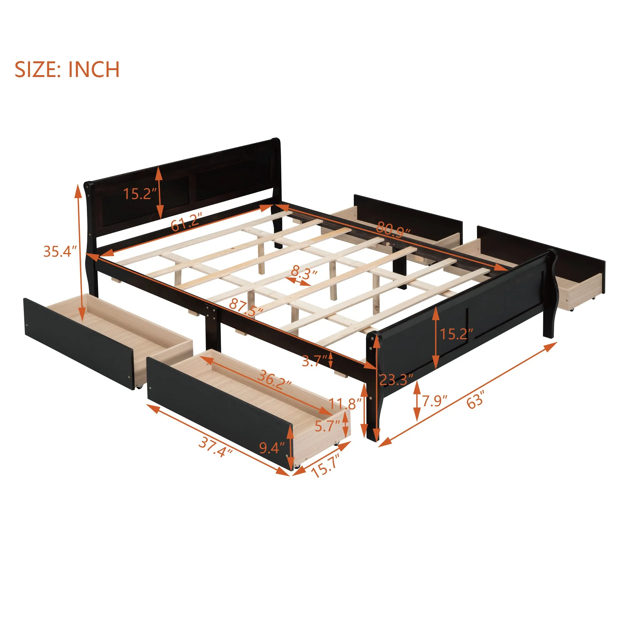 Queen Size Wood Platform Bed with 4 Drawers and Streamlined Headboard & Footboard, Espresso