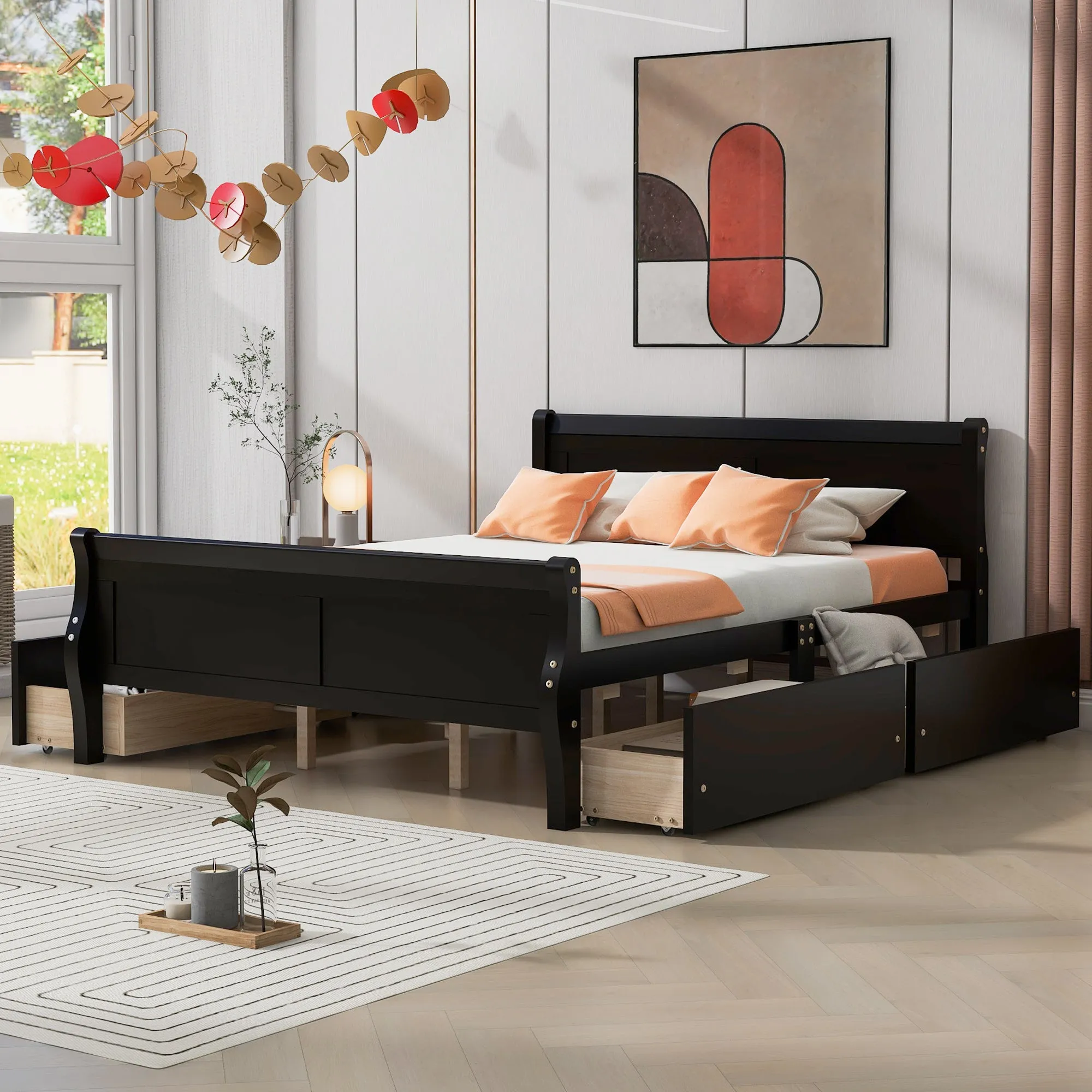 Queen Size Wood Platform Bed with 4 Drawers and Streamlined Headboard & Footboard, Espresso