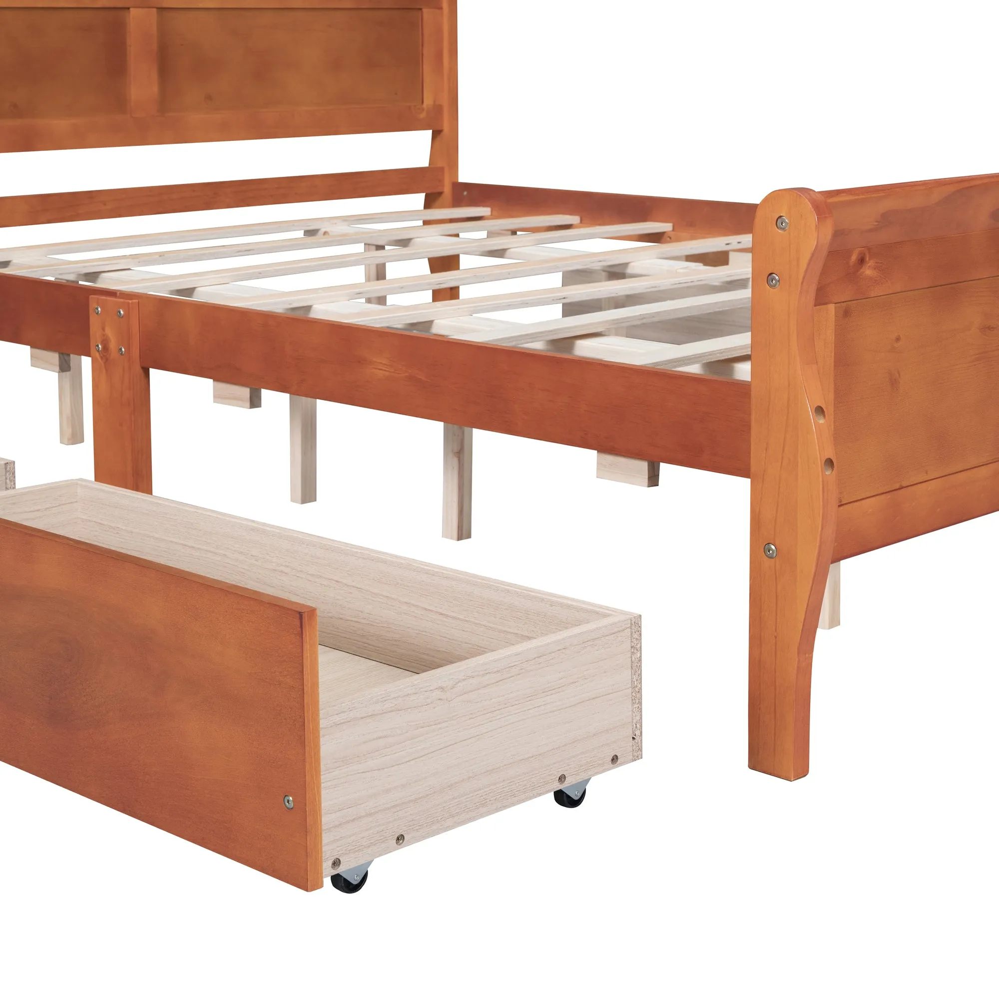 Queen Size Wood Platform Bed with 4 Drawers and Streamlined Headboard & Footboard, Oak