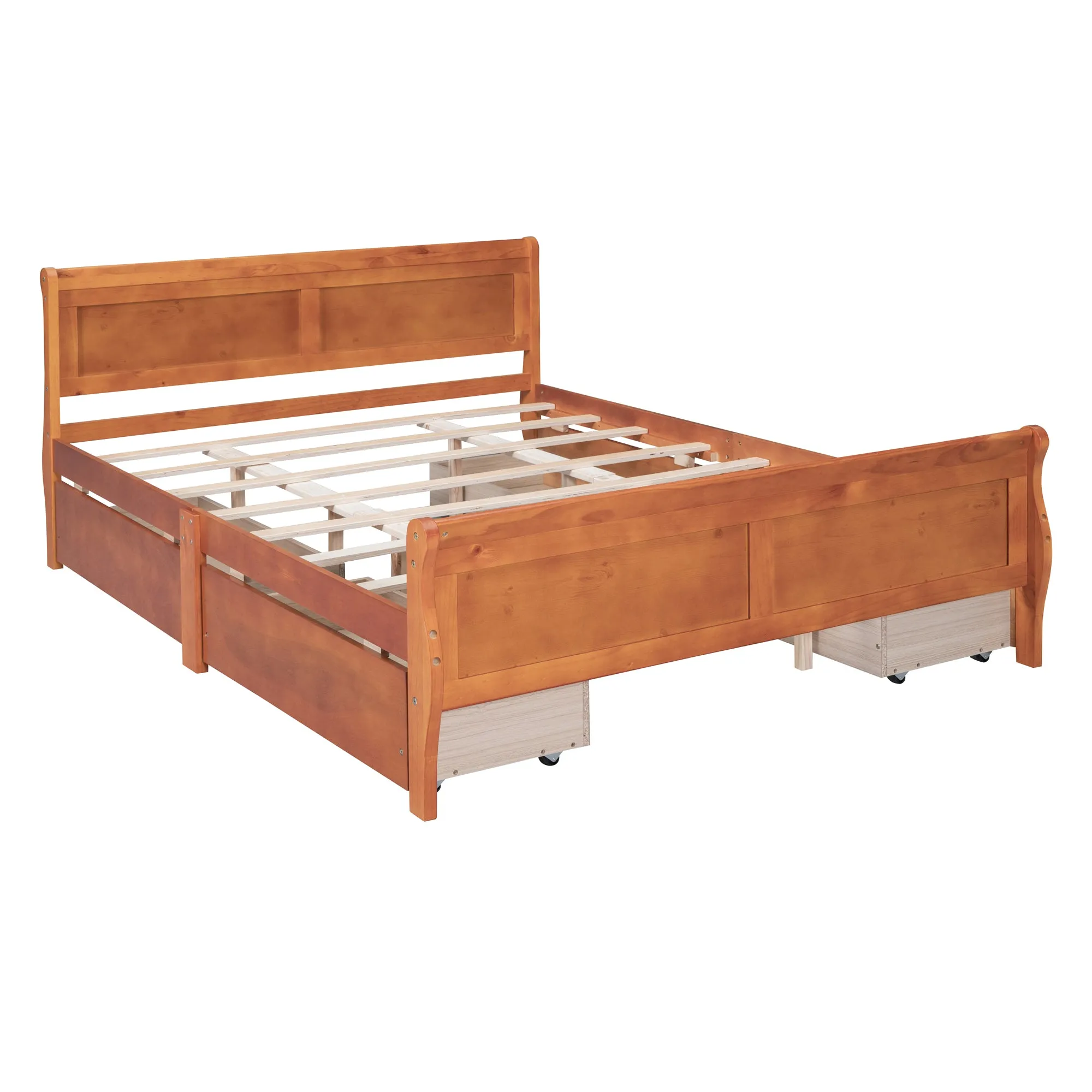 Queen Size Wood Platform Bed with 4 Drawers and Streamlined Headboard & Footboard, Oak