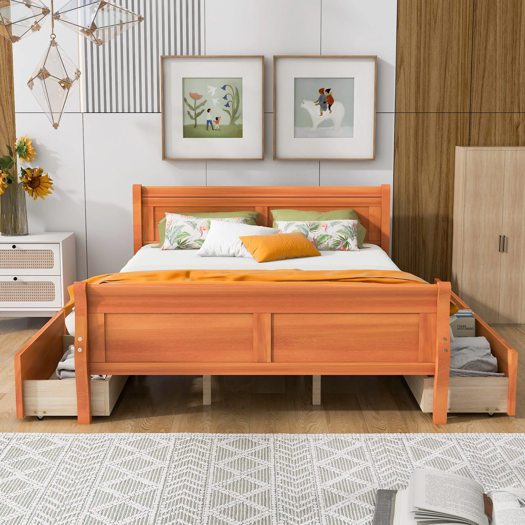 Queen Size Wood Platform Bed with 4 Drawers and Streamlined Headboard & Footboard, Oak