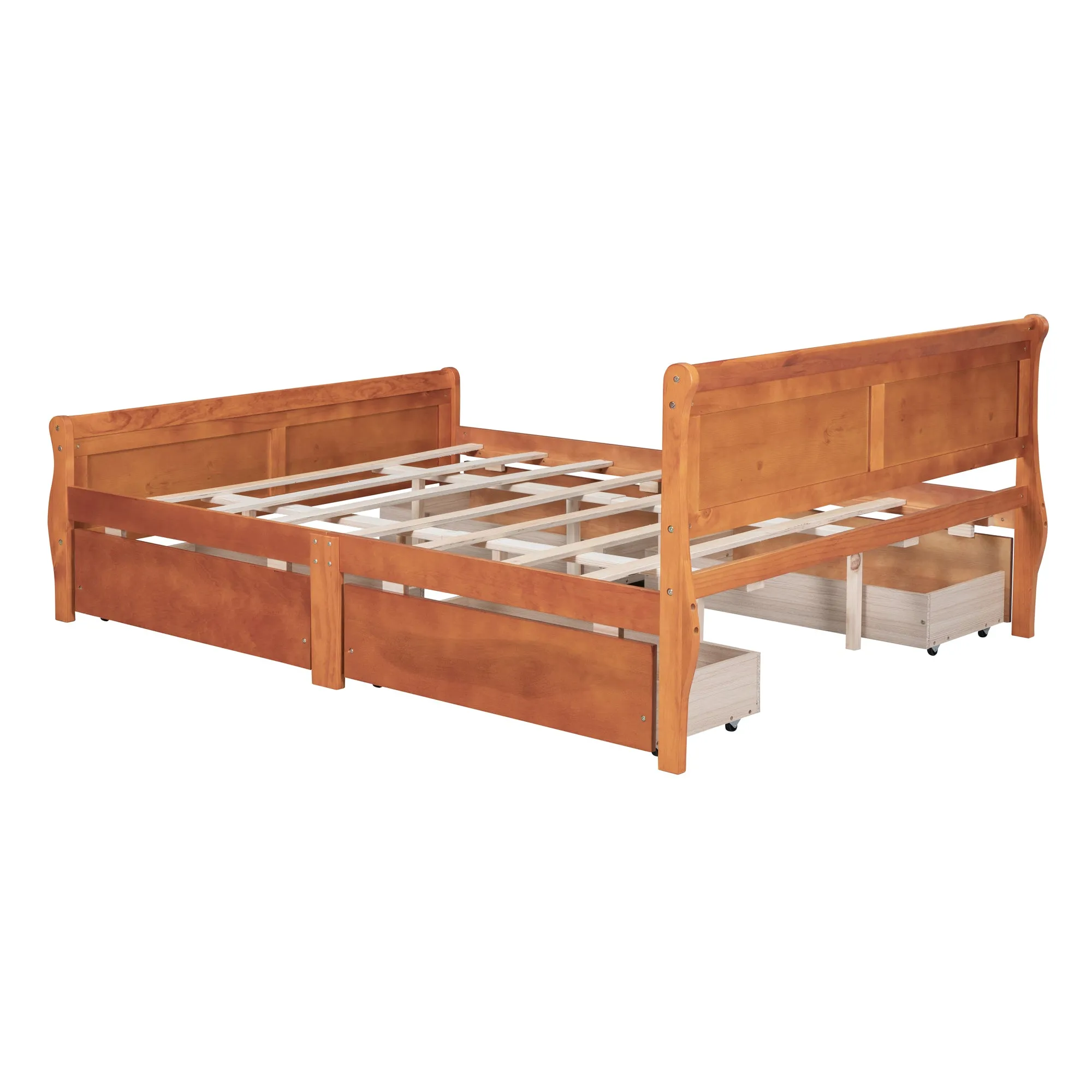 Queen Size Wood Platform Bed with 4 Drawers and Streamlined Headboard & Footboard, Oak