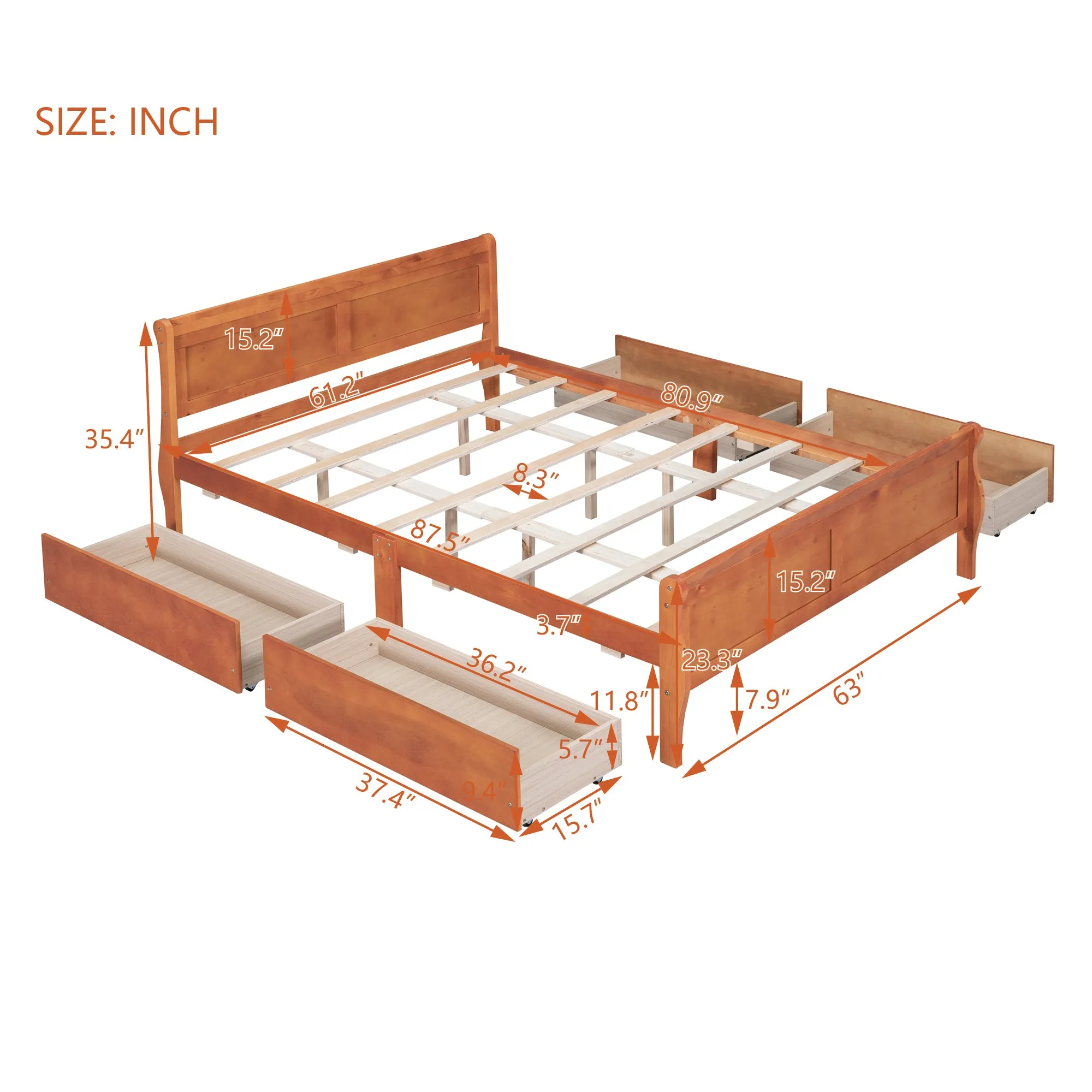 Queen Size Wood Platform Bed with 4 Drawers and Streamlined Headboard & Footboard, Oak