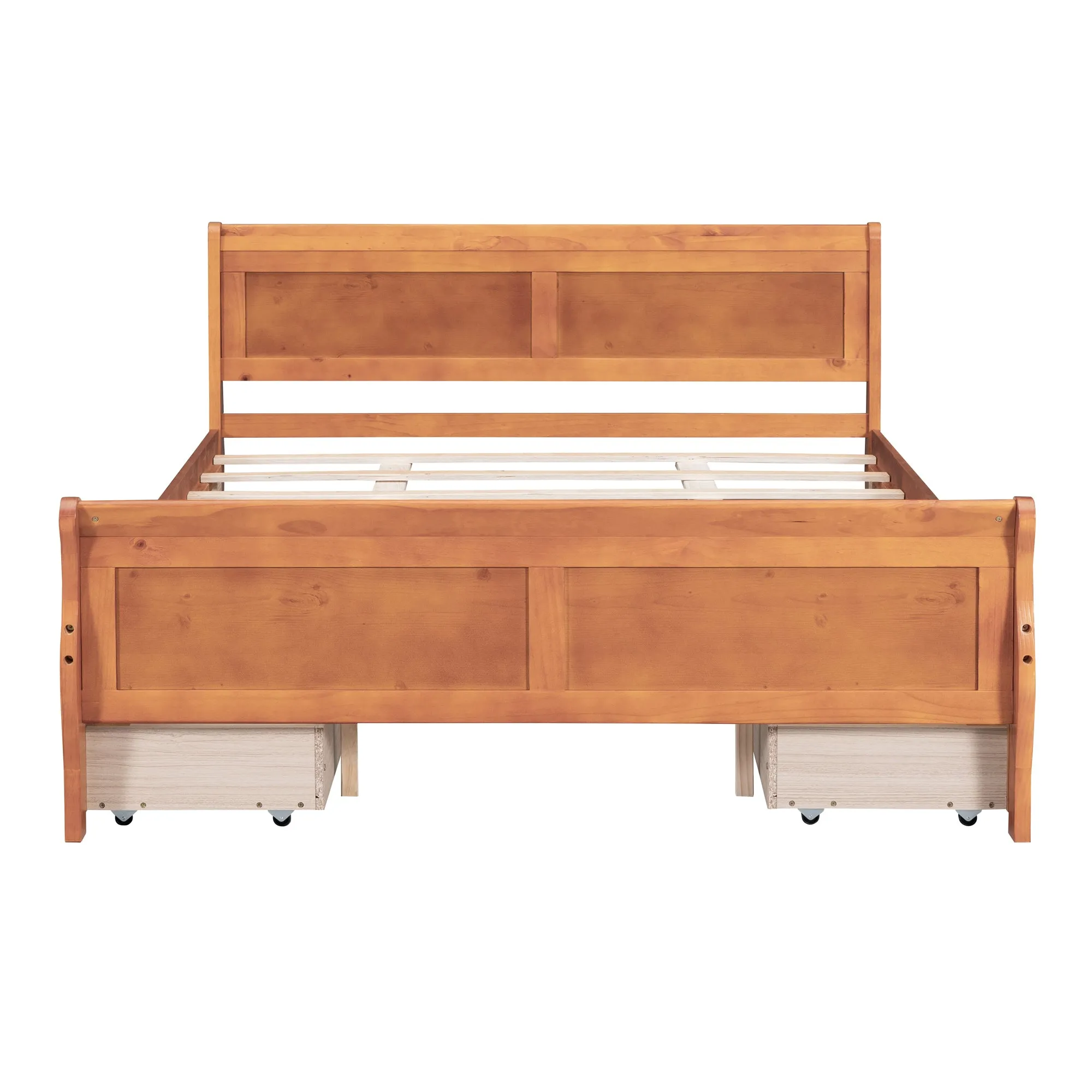 Queen Size Wood Platform Bed with 4 Drawers and Streamlined Headboard & Footboard, Oak