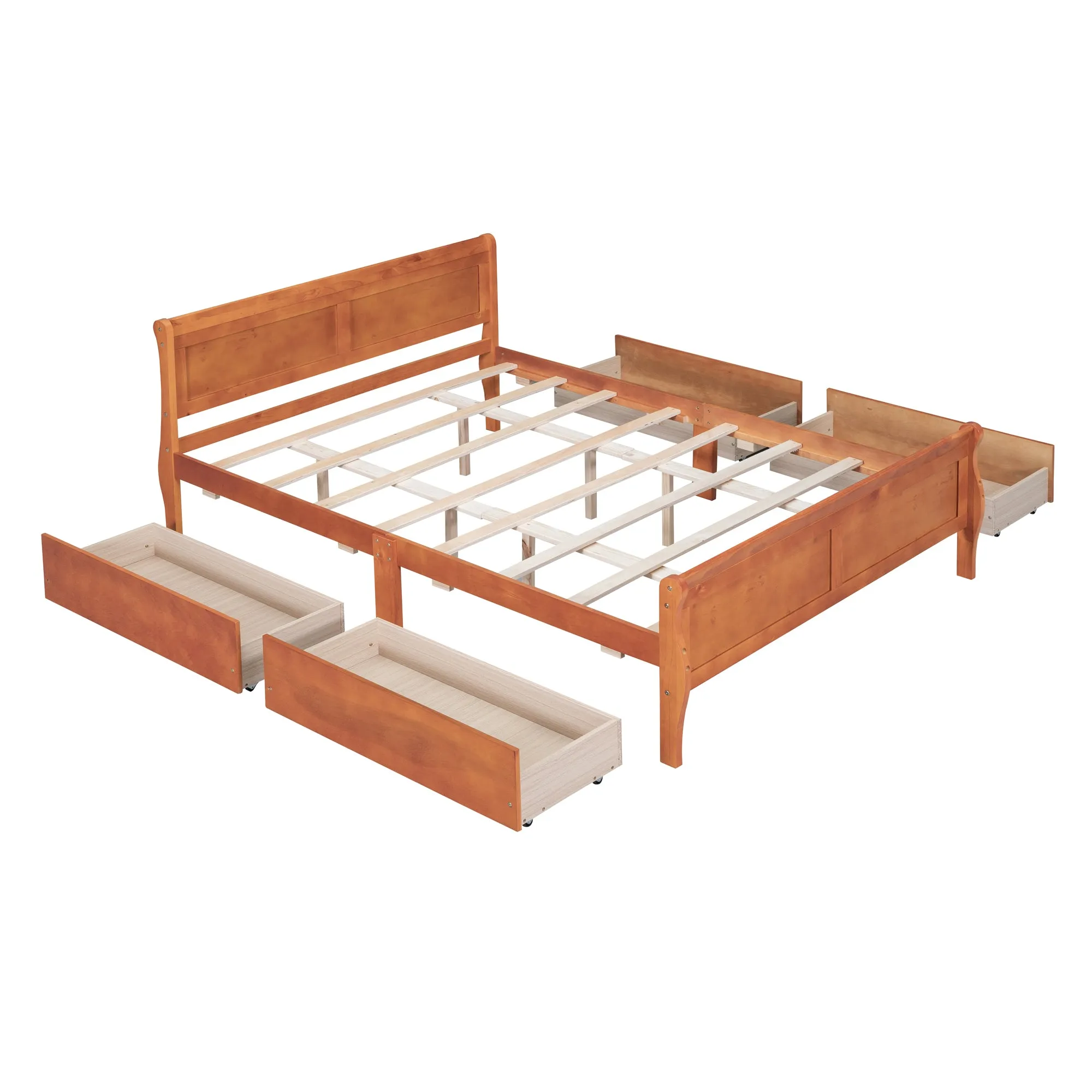 Queen Size Wood Platform Bed with 4 Drawers and Streamlined Headboard & Footboard, Oak