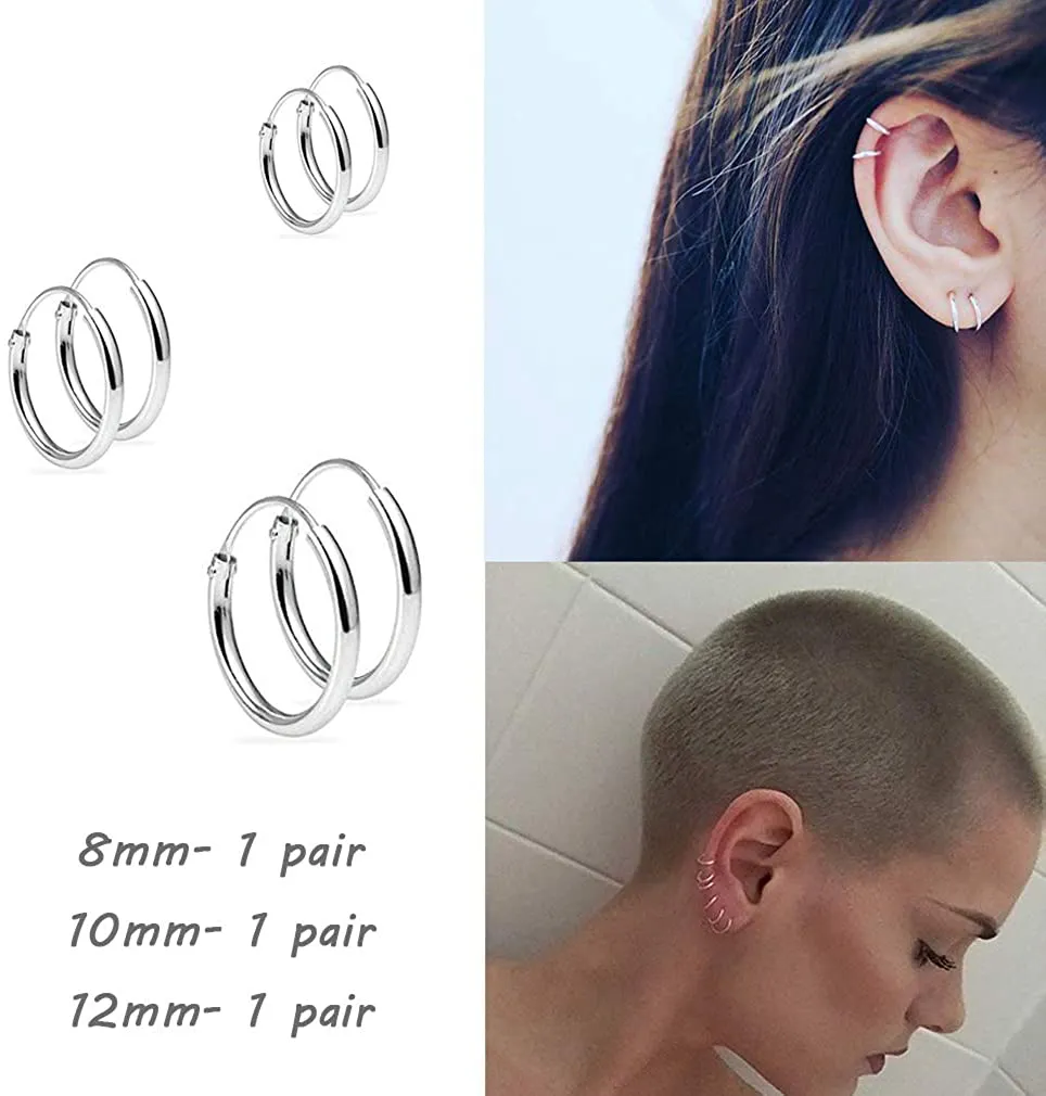 Silver Hoop Earrings- Cartilage Earring Endless Small Hoop Earrings Set for Women Men Girls,3 Pairs of Hypoallergenic 925 Sterling Silver Tragus Earrings Nose Lip Rings (8mm/10mm/12mm)