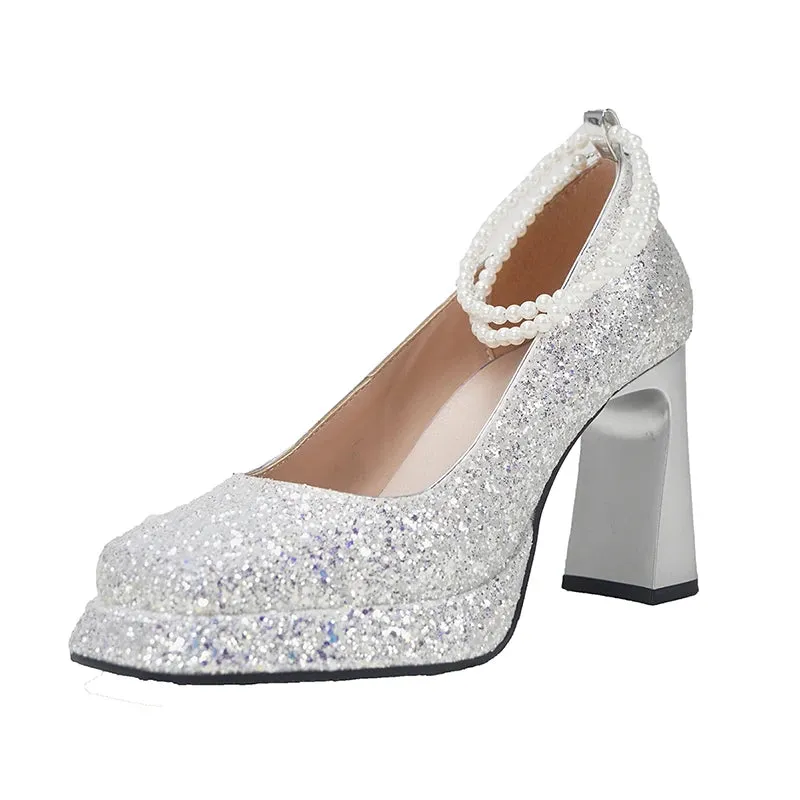 Sohiwoo Silver Sequins High Heels Pumps for Women 2024 Spring Elegant Pearl Ankle Strap Wedding Shoes Woman Thick Heeled Ladies Shoes