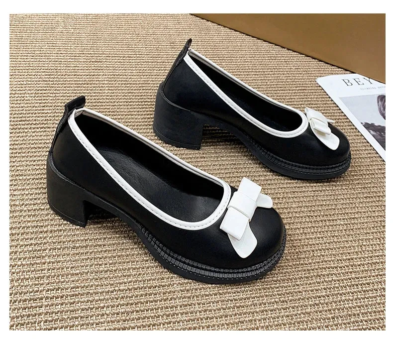 Sohiwoo Sweet Bow High Heels Women Autumn Fashion Elegant Mary Jane Shoes Outdoor Walking Loafers Party Pumps