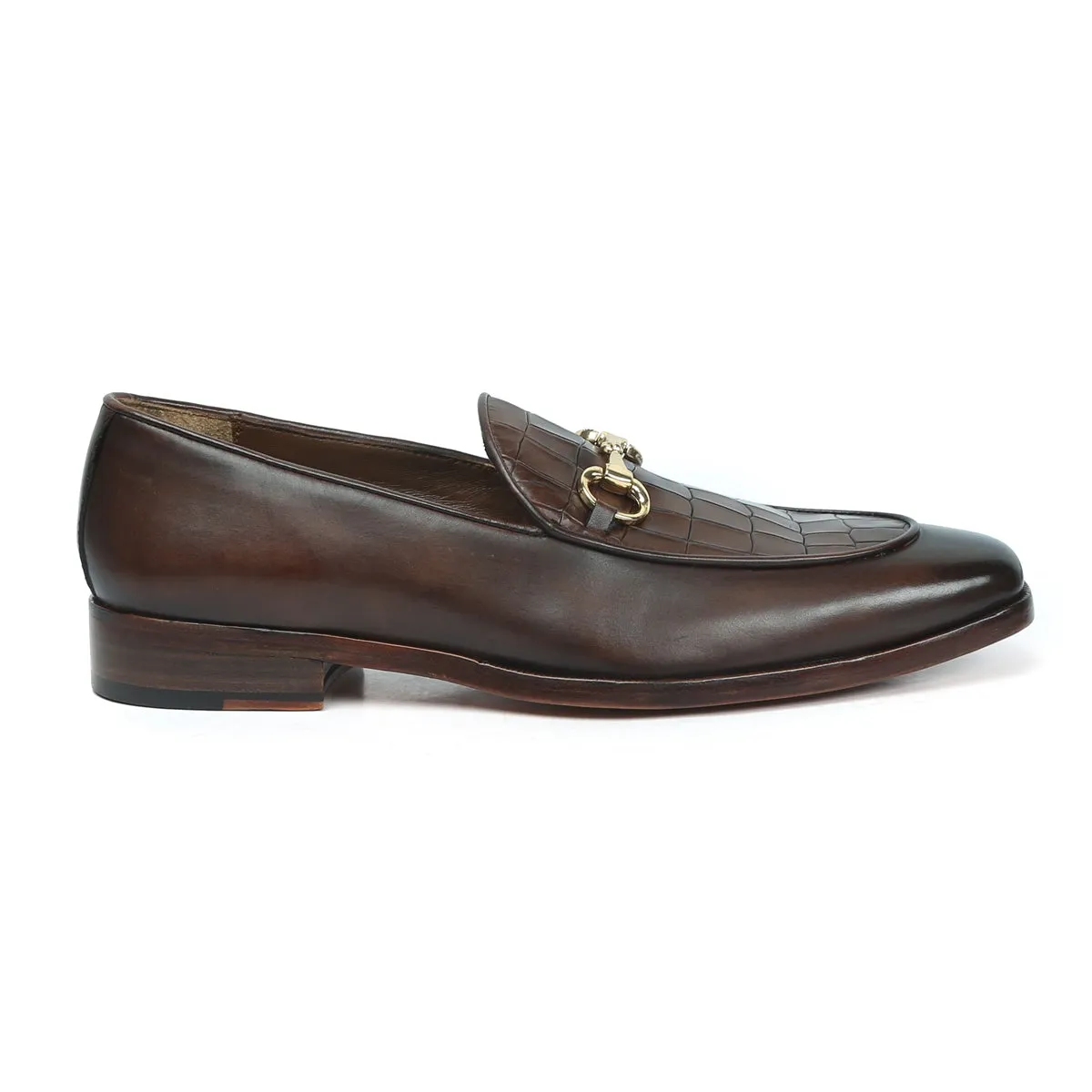 Squared Toe Brown Horse-bit Loafers With Deep Cut Croco Textured Leather at Vamp