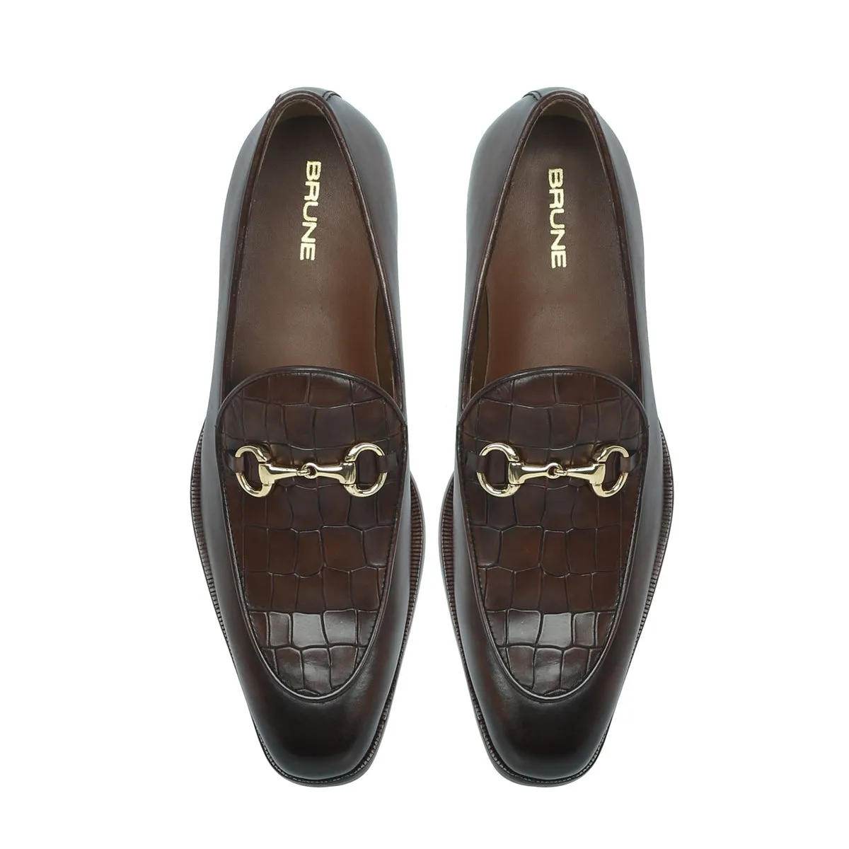 Squared Toe Brown Horse-bit Loafers With Deep Cut Croco Textured Leather at Vamp