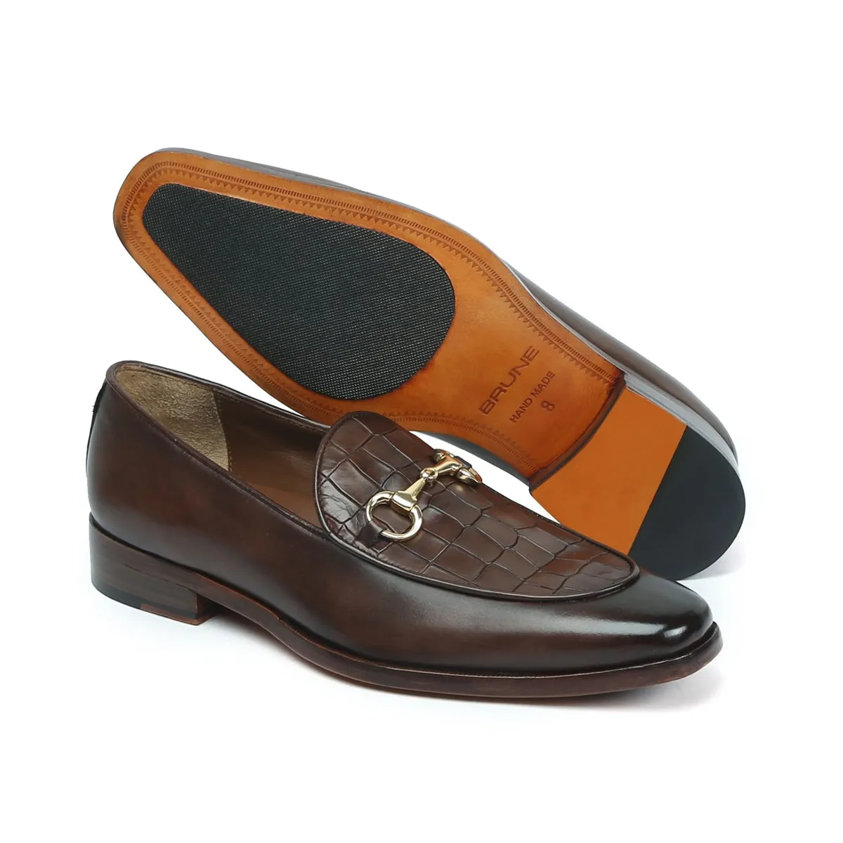 Squared Toe Brown Horse-bit Loafers With Deep Cut Croco Textured Leather at Vamp