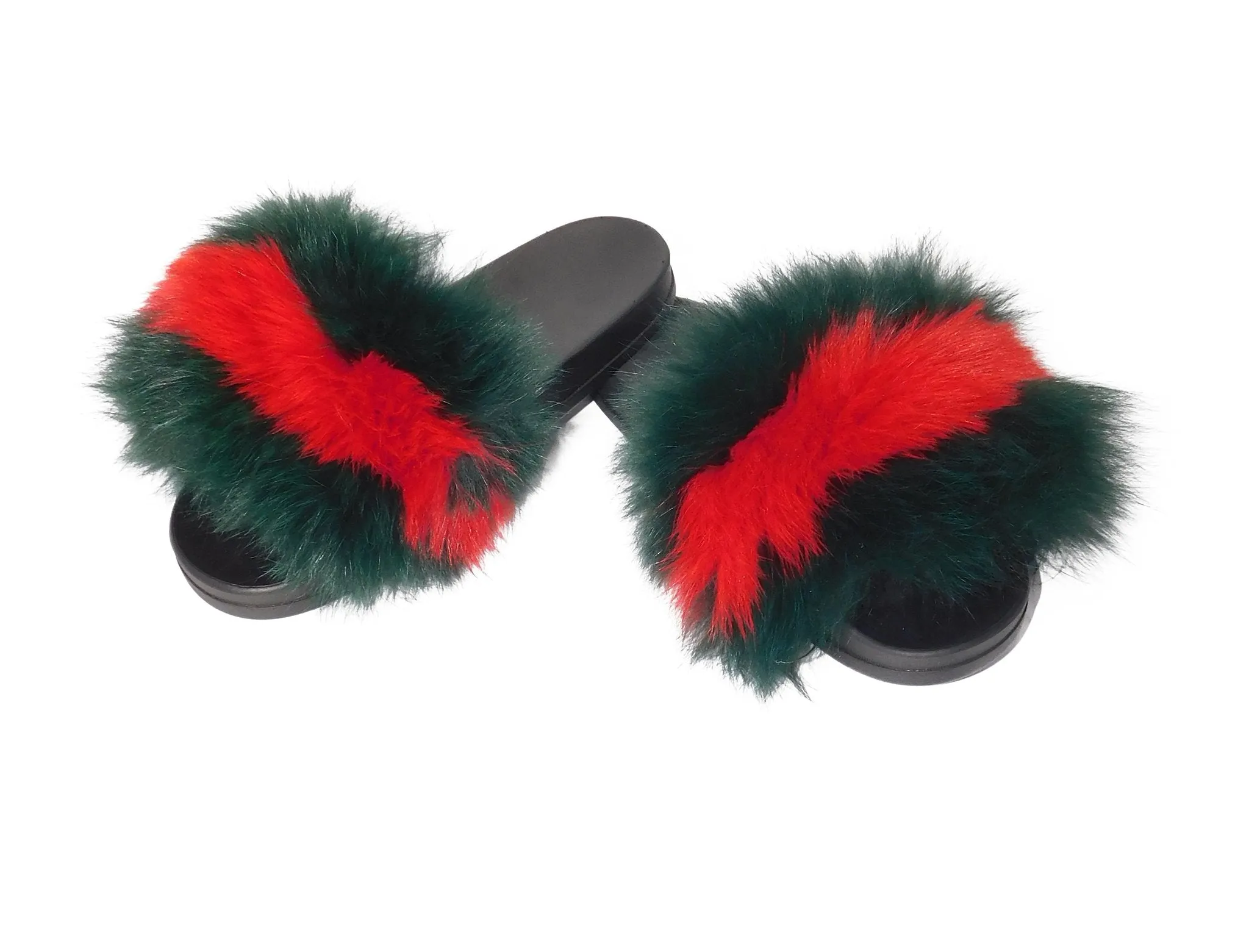 Striped Fox Fur Slides