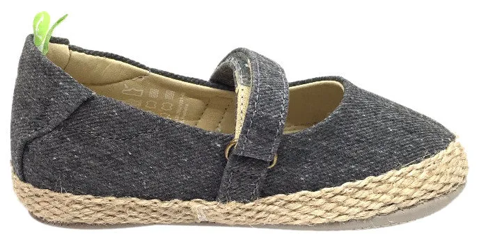 Tip Toey Joey Girl's Sambaky Grey Canvas Beeswax Embroidered Honey Bee Hook and Loop Mary Jane Flat