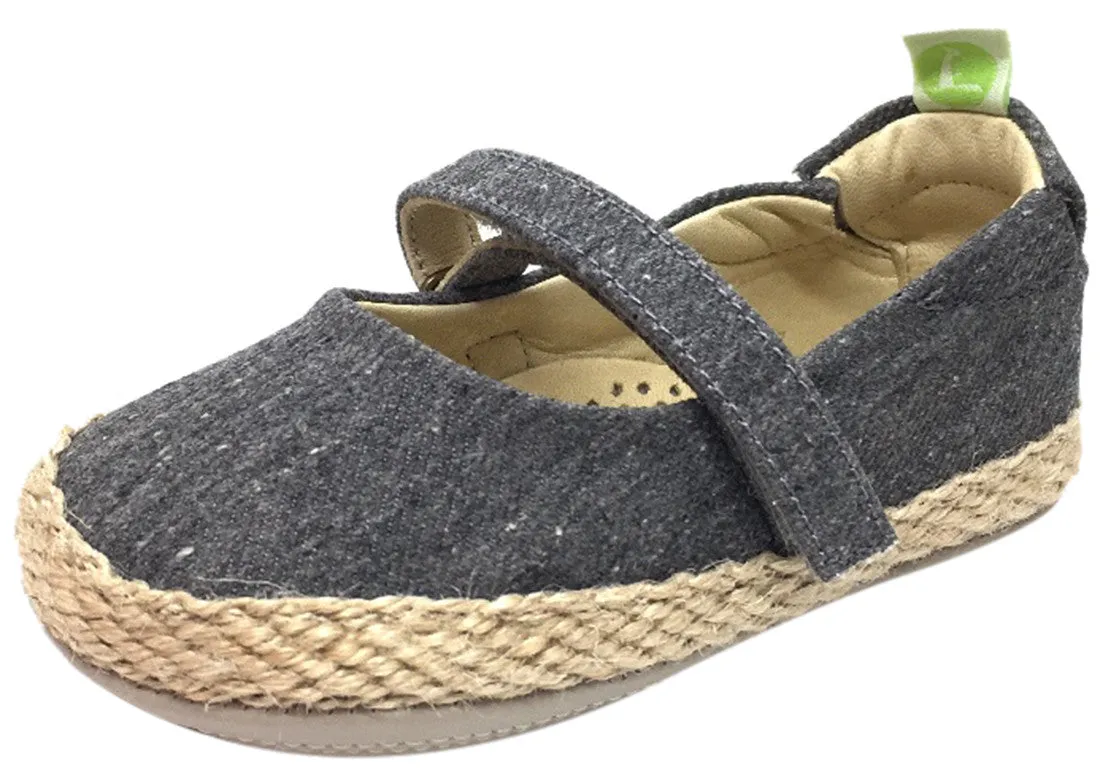 Tip Toey Joey Girl's Sambaky Grey Canvas Beeswax Embroidered Honey Bee Hook and Loop Mary Jane Flat