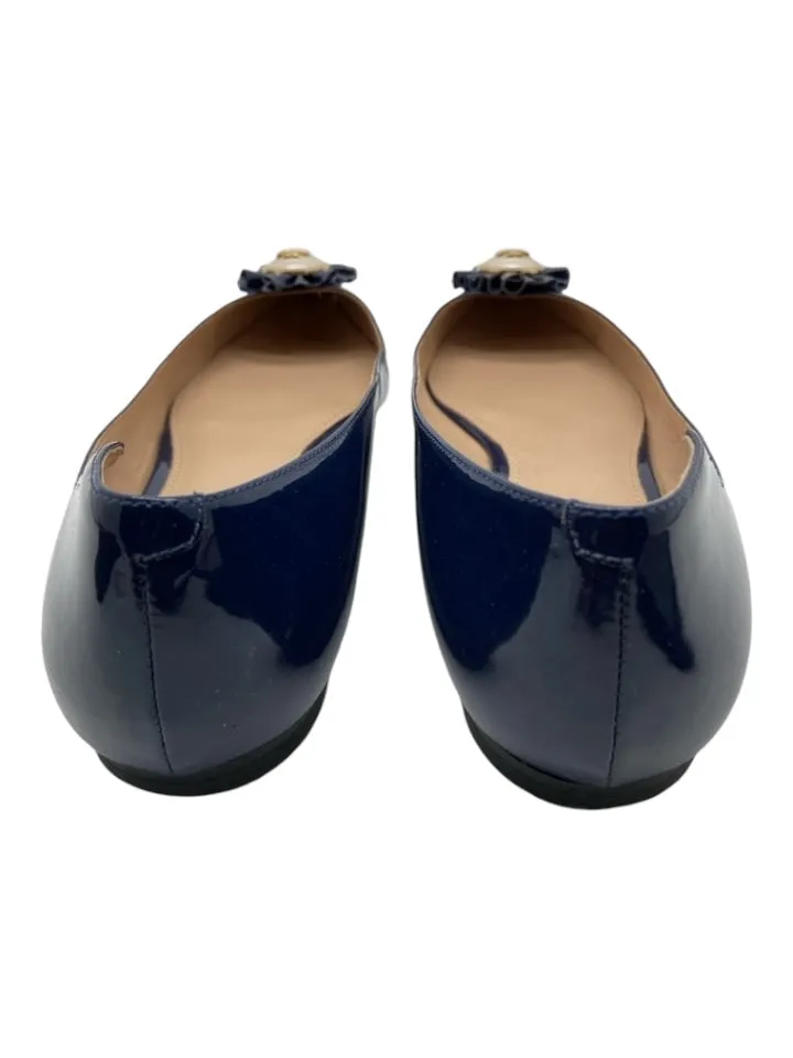 Tory Burch Shoe Size 8 Navy Blue Patent Leather Pointed Toe Bow Detail Flats