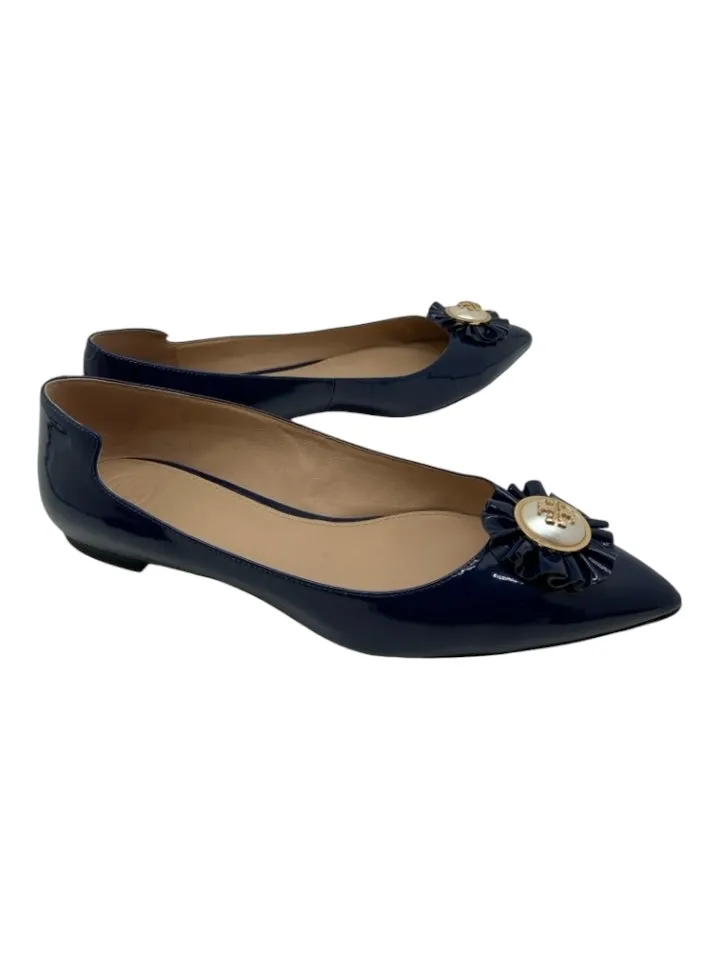 Tory Burch Shoe Size 8 Navy Blue Patent Leather Pointed Toe Bow Detail Flats