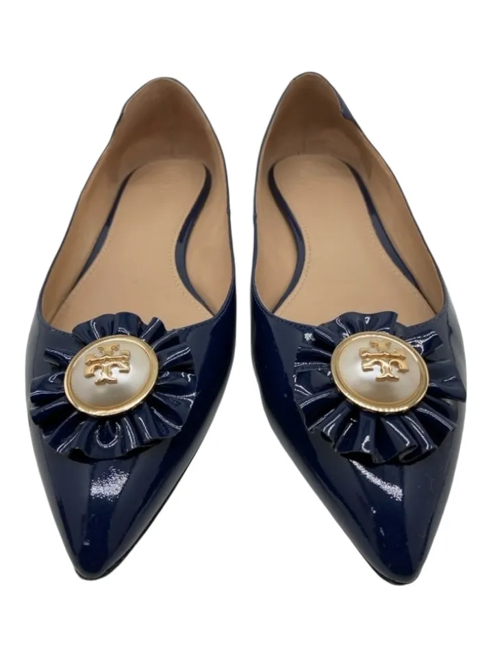 Tory Burch Shoe Size 8 Navy Blue Patent Leather Pointed Toe Bow Detail Flats