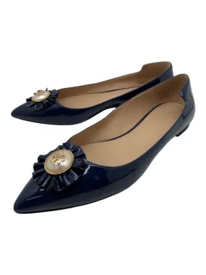 Tory Burch Shoe Size 8 Navy Blue Patent Leather Pointed Toe Bow Detail Flats