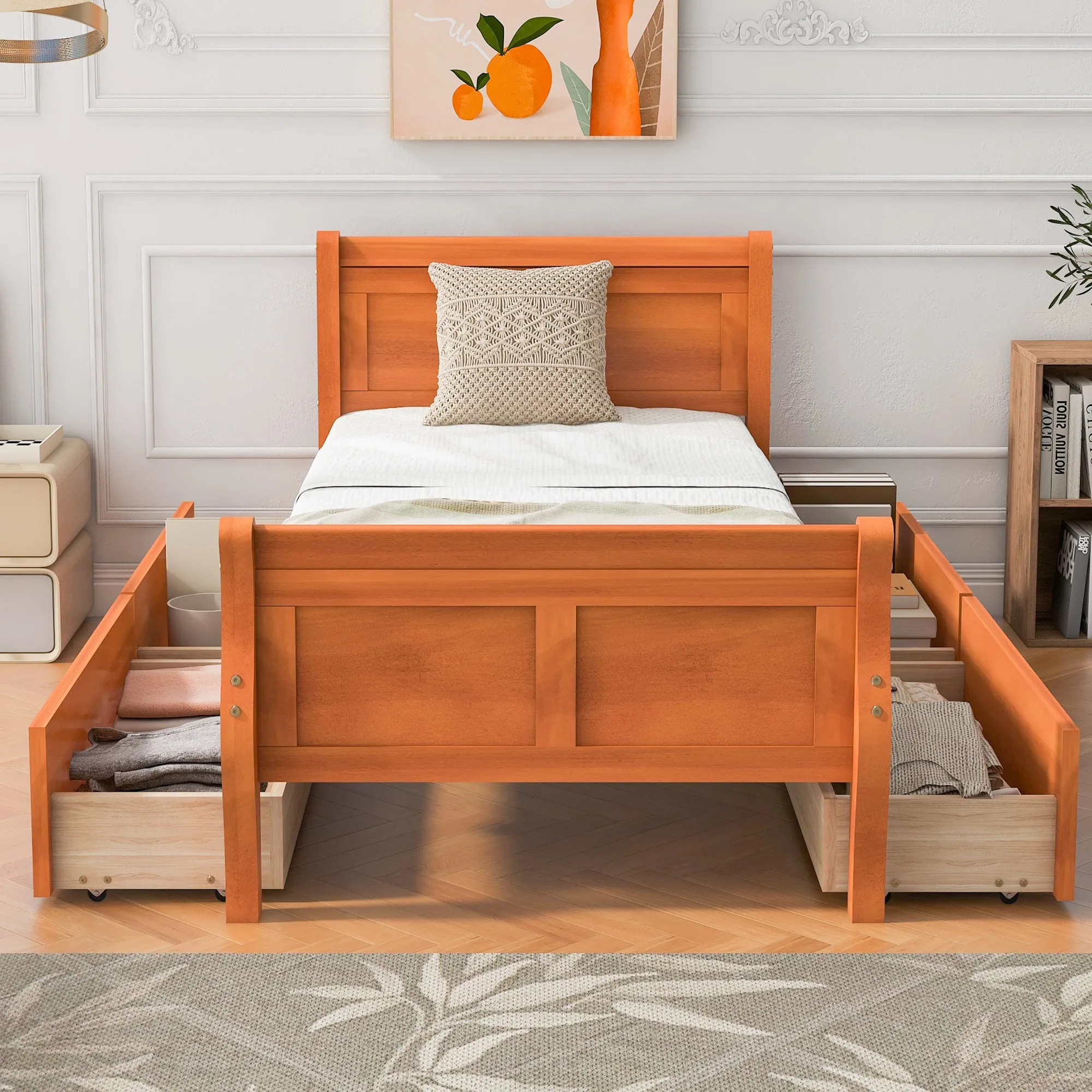 Twin Size Wood Platform Bed with 4 Drawers and Streamlined Headboard & Footboard, Oak