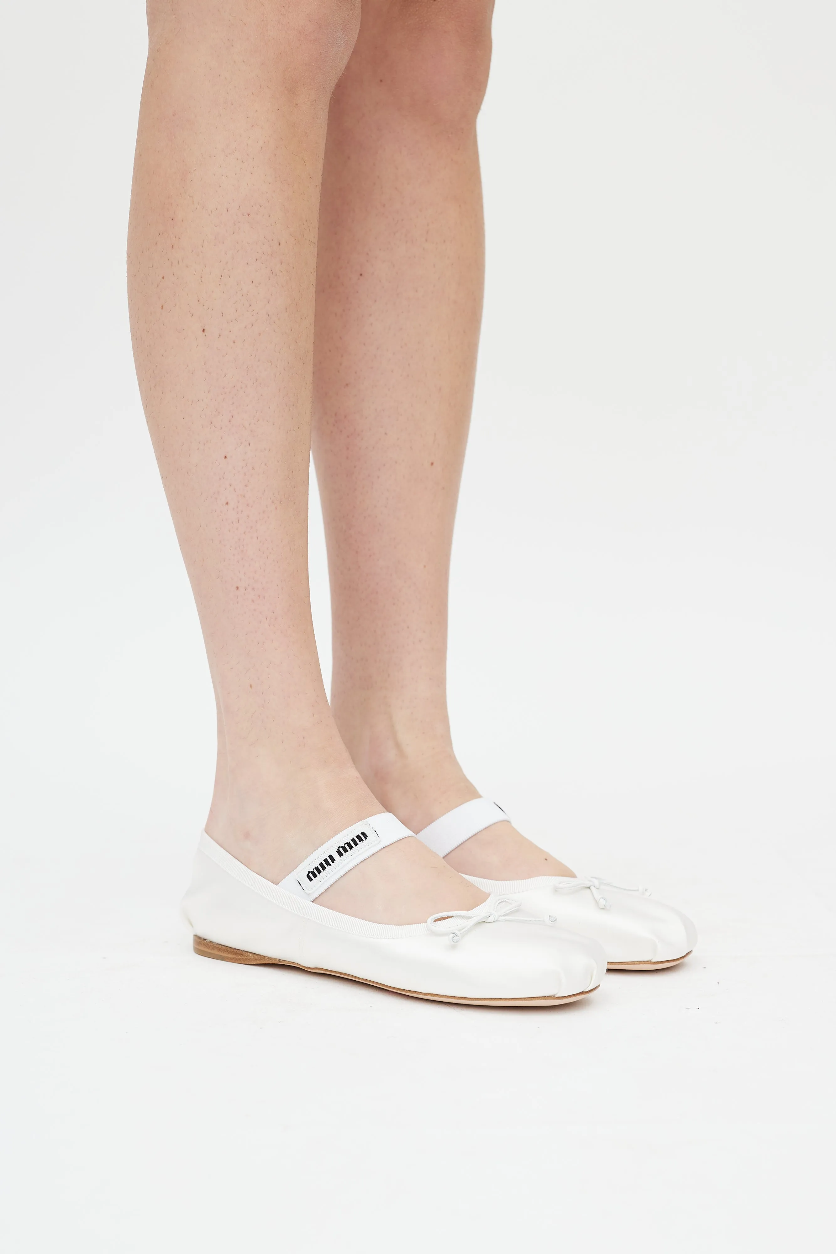 White Satin Logo Ballet Flat