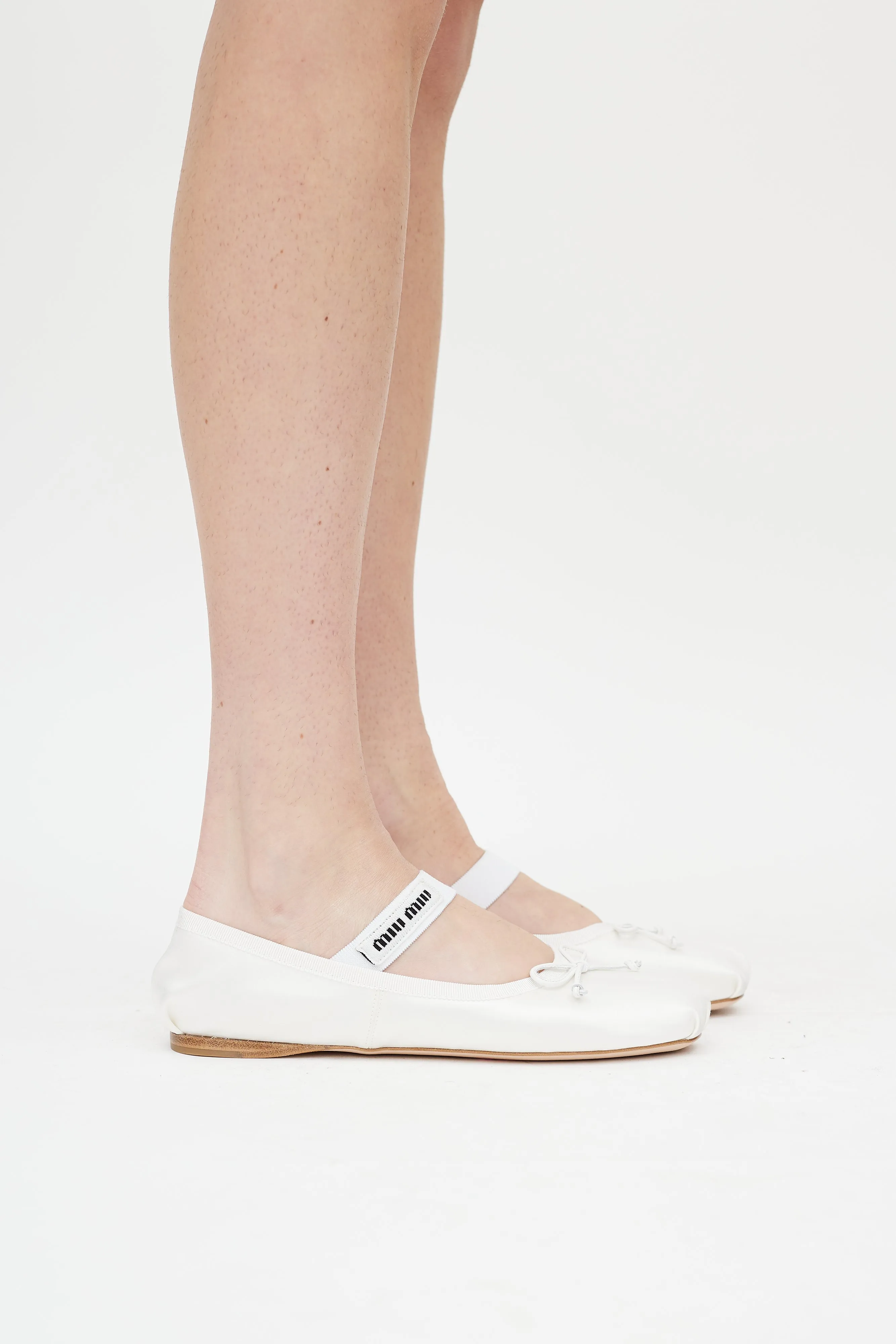 White Satin Logo Ballet Flat