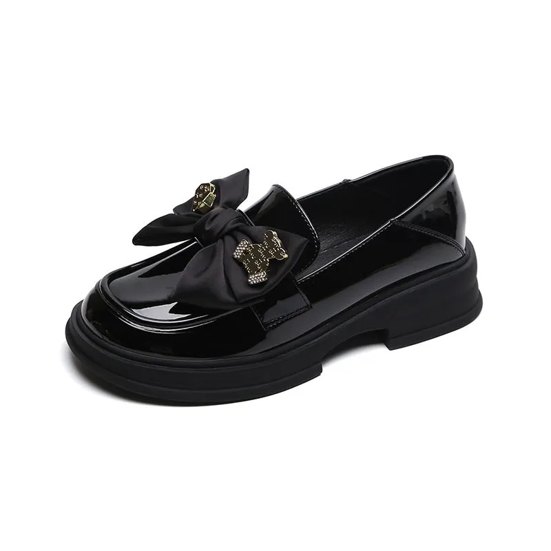 Women Retro Glossy Leather Bowknot Casual Loafers