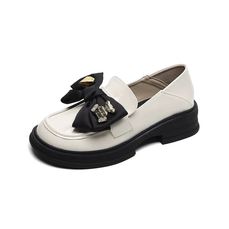 Women Retro Glossy Leather Bowknot Casual Loafers