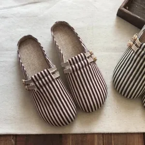 Women Retro Stripe Canvas Flat Casual Mules