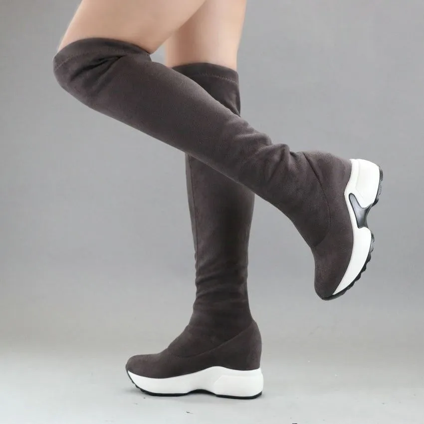 Women Suede Over The Knee Snow Winter Boots Height Improvment Thick Lining Warm Winter