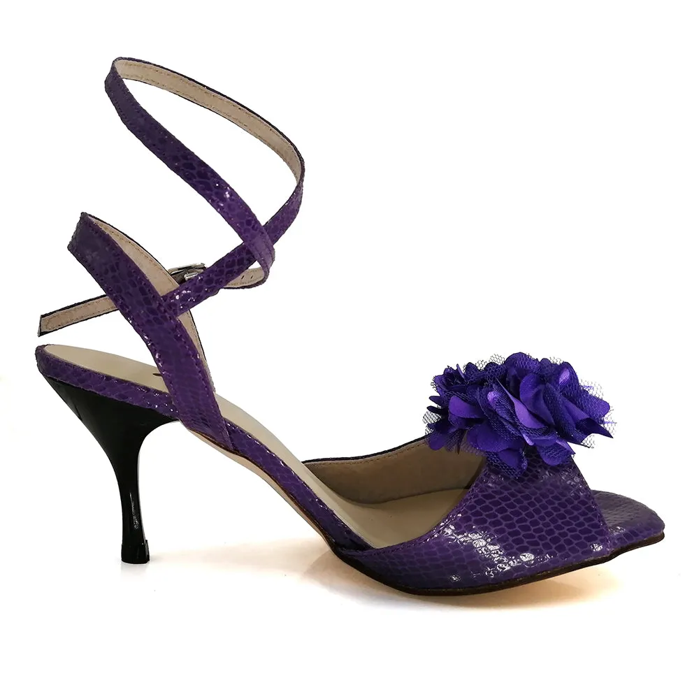 Women's Argentine Tango Shoes High Heel Dance Sandals Leather Sole Purple