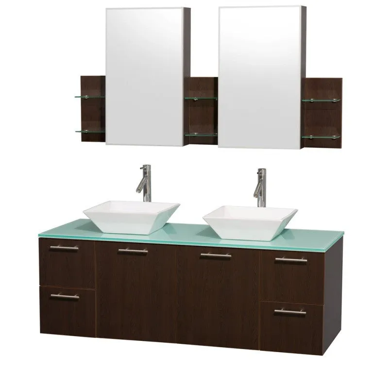 WYNDHAM COLLECTION Amare 60" Wall-Mounted Double Bathroom Vanity Set with Vessel Sinks - Espresso