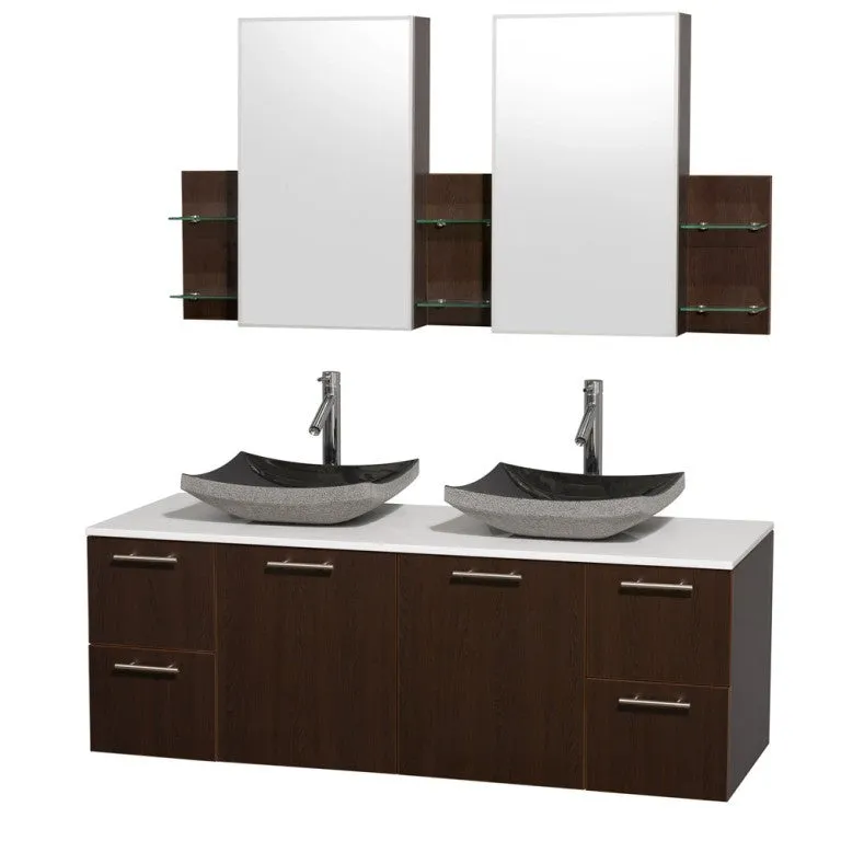 WYNDHAM COLLECTION Amare 60" Wall-Mounted Double Bathroom Vanity Set with Vessel Sinks - Espresso