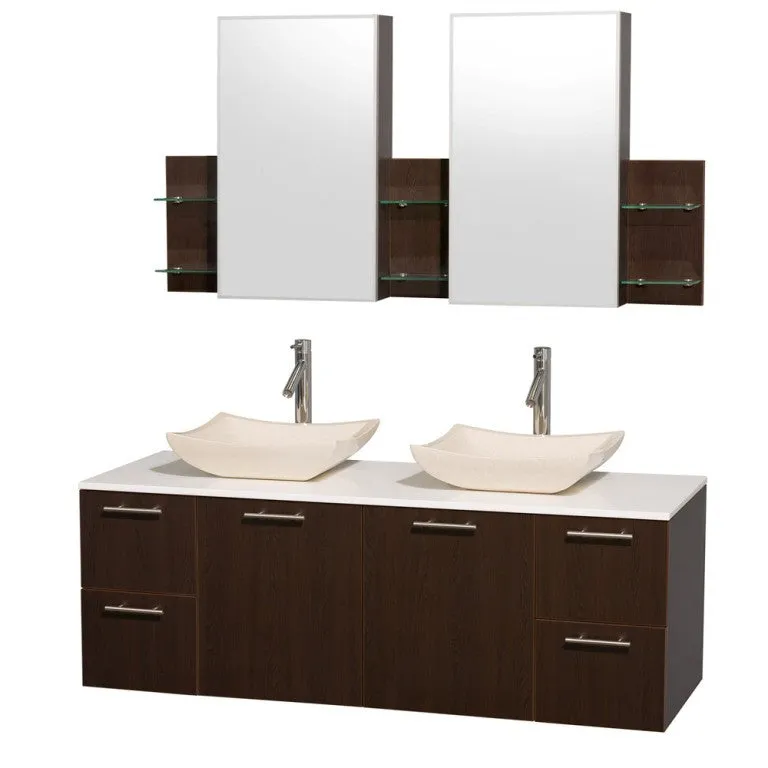 WYNDHAM COLLECTION Amare 60" Wall-Mounted Double Bathroom Vanity Set with Vessel Sinks - Espresso