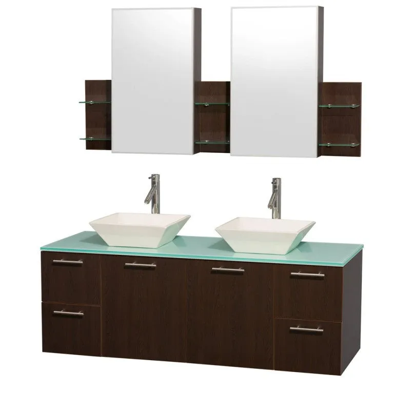 WYNDHAM COLLECTION Amare 60" Wall-Mounted Double Bathroom Vanity Set with Vessel Sinks - Espresso