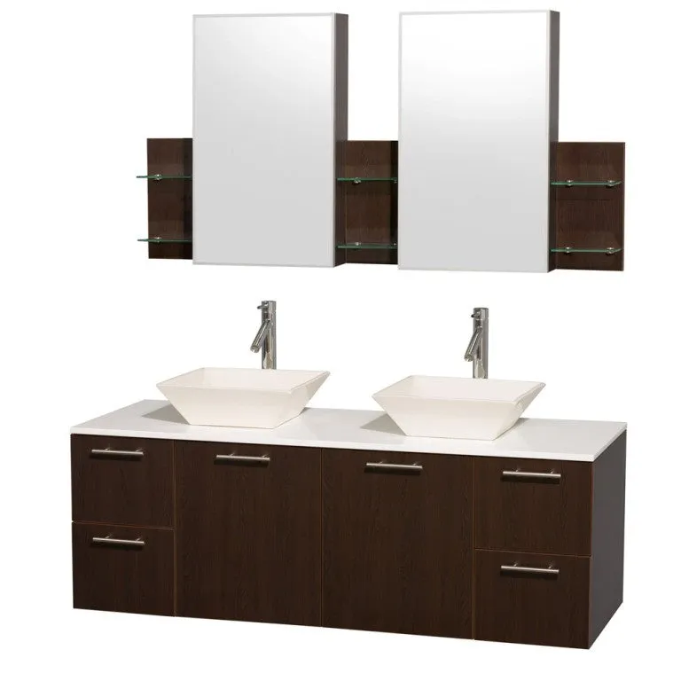 WYNDHAM COLLECTION Amare 60" Wall-Mounted Double Bathroom Vanity Set with Vessel Sinks - Espresso