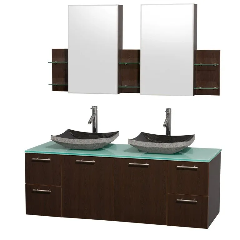 WYNDHAM COLLECTION Amare 60" Wall-Mounted Double Bathroom Vanity Set with Vessel Sinks - Espresso