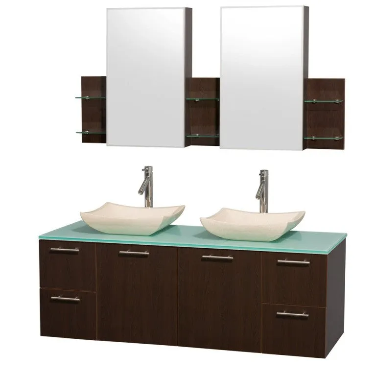 WYNDHAM COLLECTION Amare 60" Wall-Mounted Double Bathroom Vanity Set with Vessel Sinks - Espresso