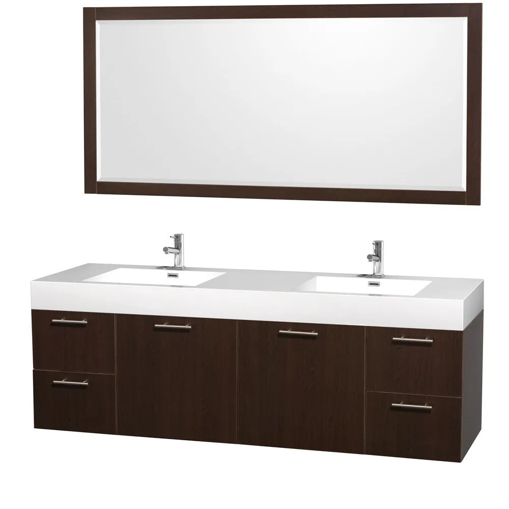 WYNDHAM COLLECTION Amare 72-inch Wall-Mounted Double Bathroom Vanity Set with Integrated Sinks - Espresso