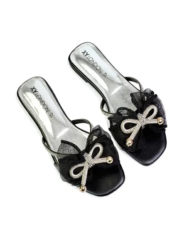 Zendaya Mesh Diamante Bow Flat Sandal Square Toe Bridal Shoes in Black