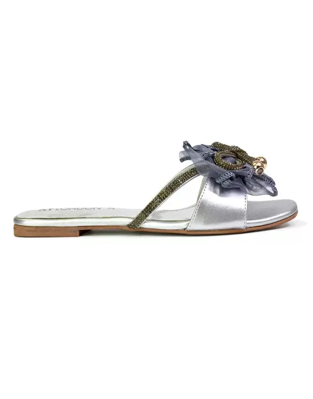 Zendaya Mesh Diamante Bow Flat Sandal Square Toe Bridal Shoes in Silver