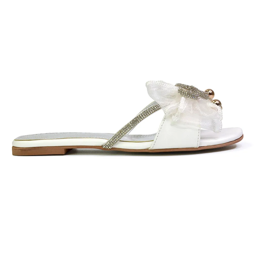 Zendaya Mesh Diamante Bow Flat Sandal Square Toe Bridal Shoes in White